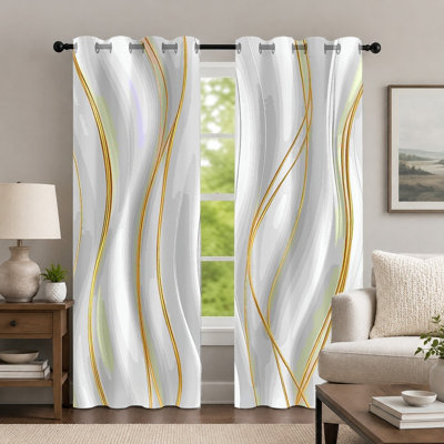 2 pièces rideaux ondulés blancs et dorés, rideau de style abstrait géométrique, motif à motif fluide moderne minimaliste avec œillets, habillage de fenêtre pour le décor de la chambre à coucher