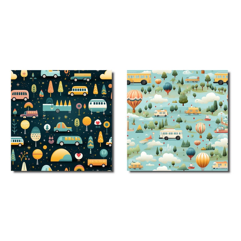 Bus à l'école, parade pour chambre d'enfant - ensemble de 2 collages carrés Hygge & Scandinavian, Toile tendue
