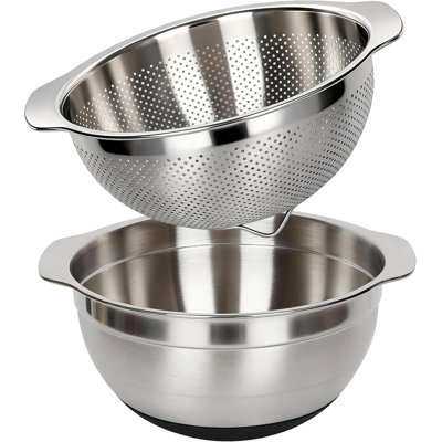 304 Stainless Steel Colander & Mixing Bowl Set with Lid, 2.5QT Honeycomb Micro-Pore Strainer for Rice Pasta Vegetables