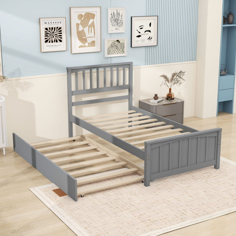 Twin Wood Platform Bed with Twin Trundle and Trundle, Gris