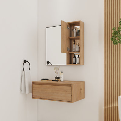 Armoire de rangement murale avec miroir, 75 cm L x 15 cm P x 70 cm H, verre/contreplaqué, 3 pièces, aspect chêne, avec porte à fermeture amortie