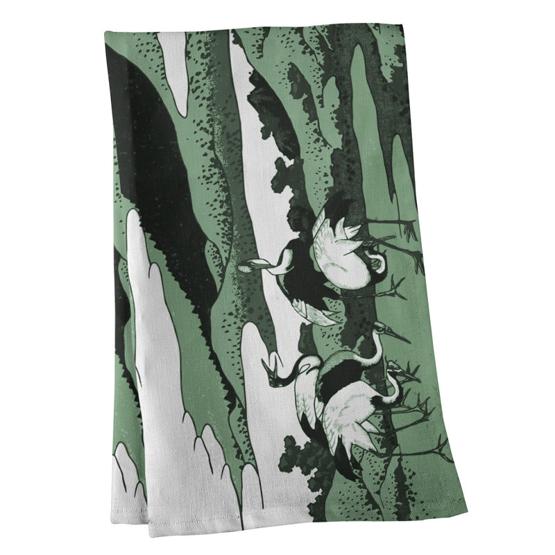 Serviette de thé japonaise grues, Bleu / vert clair, Polyester sergé