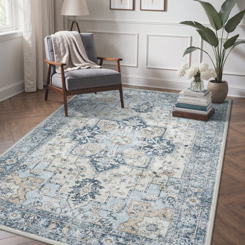 Tapis transitionnel antidérapant lavable à la machine, Rectangle 9 pi x 12 pi, Bleu