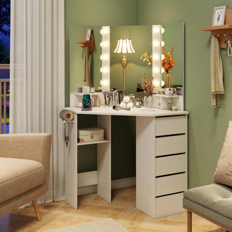Bureau de coin de meuble-lavabo avec miroir à DEL 3 couleurs et prise de courant, Blanc