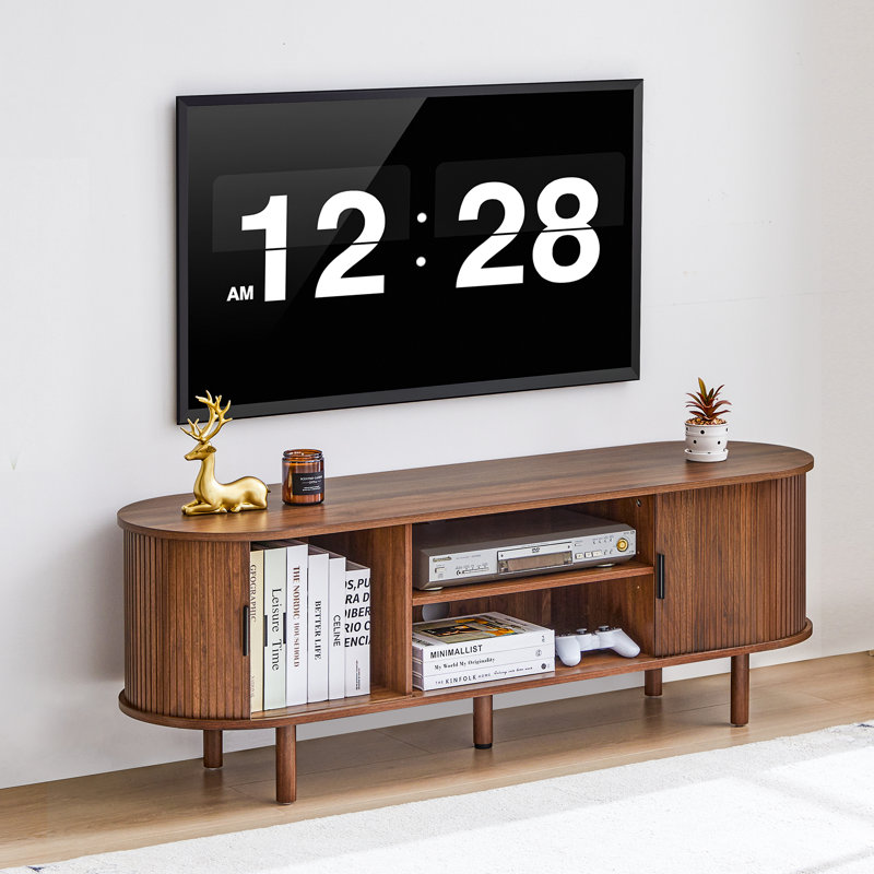 Mid-Century TV Stand with Tambour Door, Modern Fluted Media Console, Brown
