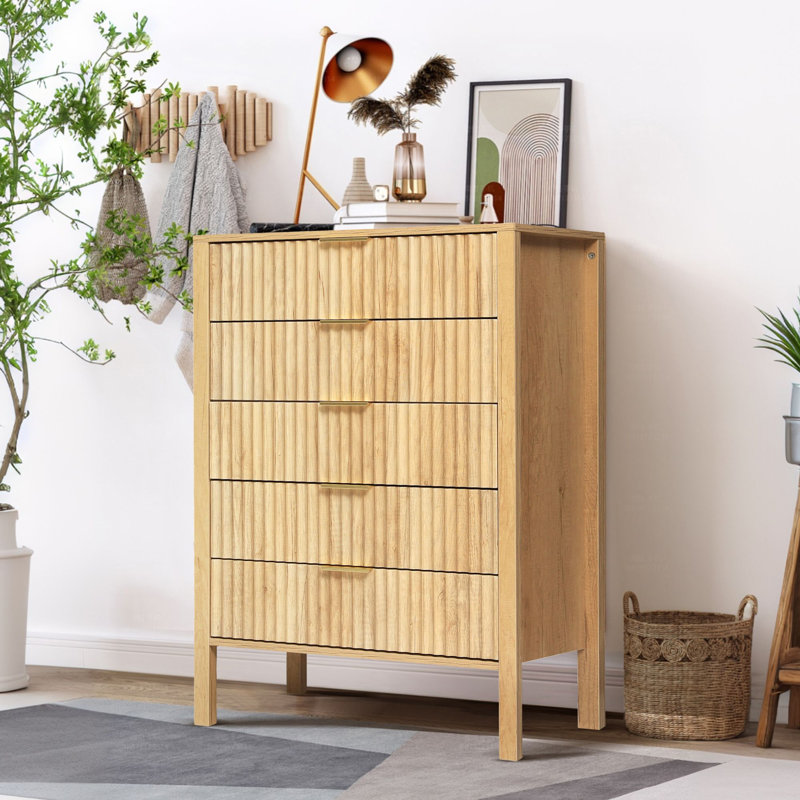 Fluted 5 Drawers Dresser for Bedroom, Tall Skinny Storage Dresser with Thick Plank Styling & Solid Wood Legs, Wooden Vertical Drawer Organizer