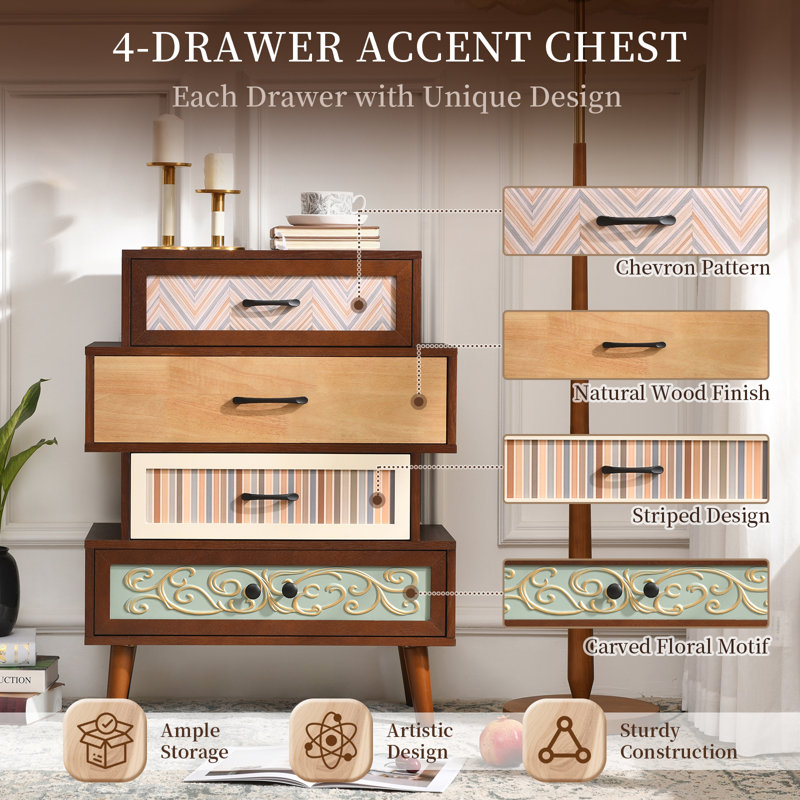 26"W 4-Drawer Accent Chest with Mixed-Pattern Drawers, Vintage Wood Storage Cabinet