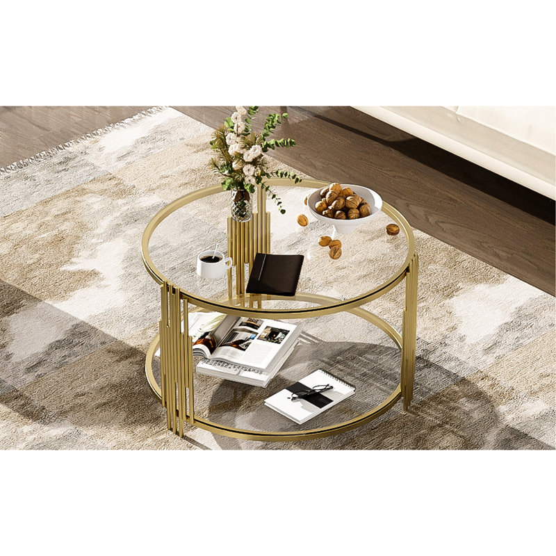 Table basse 31,5 po asymétrique en métal, plateau en verre transparent, base cylindrique avec tablette supplémentaire pour des fins pratiques et élégantes, design, tablette inférieure, longue durée