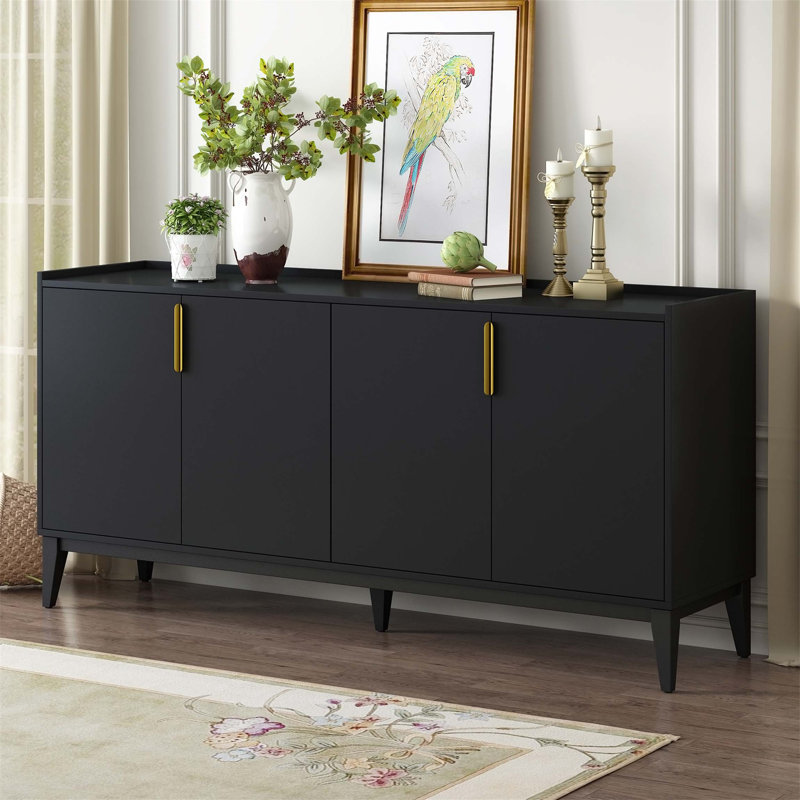 Storage Cabinet Sideboard Wooden Cabinet with 4 Doors for Hallway, Entryway, Living Room, Adjustable Shelf, Black
