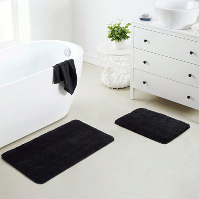 Ensemble de tapis de salle de bain en microfibre noire 17 po x 24 po - Tapis de bain épais et antidérapant, lavable à la machine, pour plancher de salle de bain, baignoire et douche