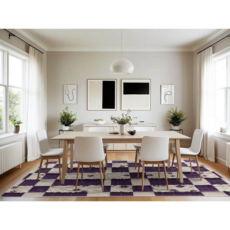 Tapis beige à carreaux lavable à la machine, Rectangle 7 pi x 10 pi