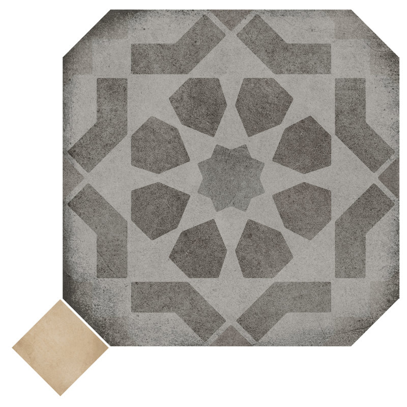 Lavande octogone avec taco 7-7 / 8 po X 7-7 / 8 po Carreau de porcelaine pour plancher et mur, Gris / Ivoire