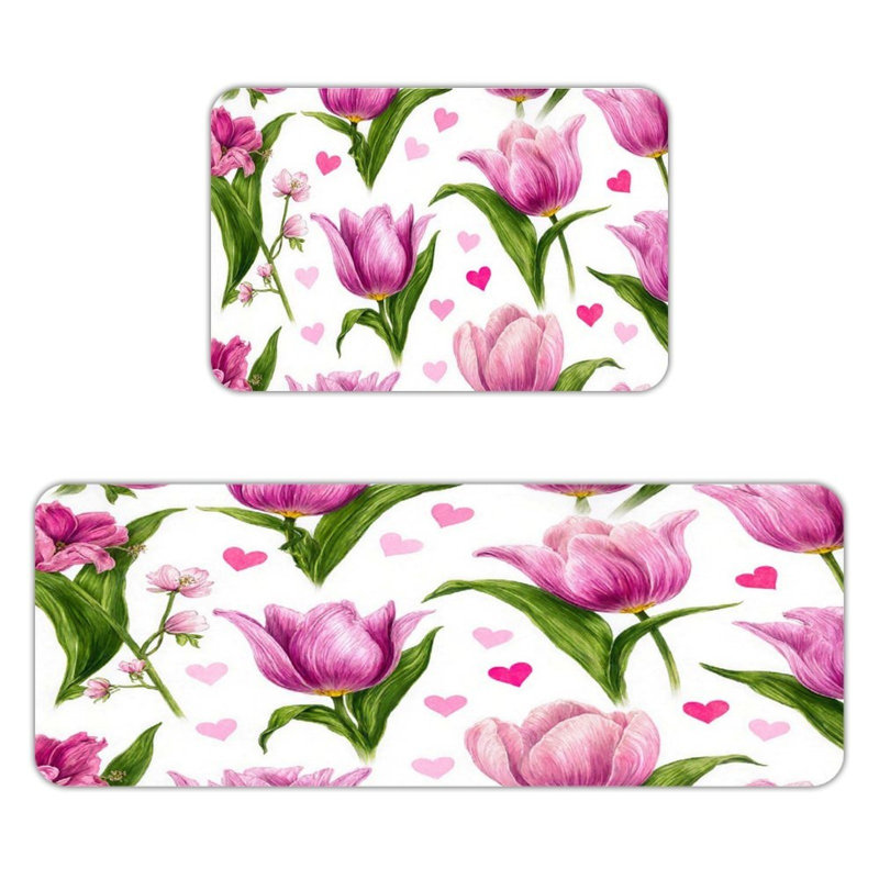Tapis de cuisine délicat antidérapant en forme de tulipe rose 2 pièces