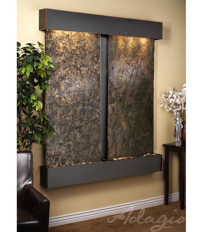 Cottonwood Falls Waterfall Fountain with Light, Blackened Copper, Green Slate, Square