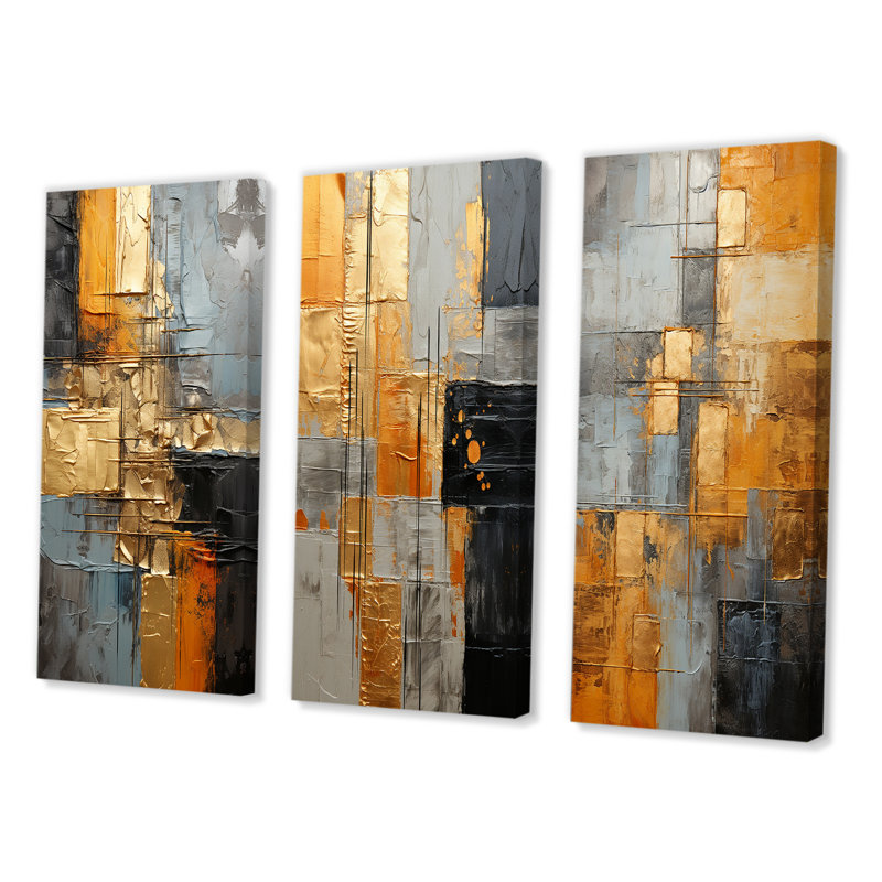 «Gold Grey Gleaming Geometric», 3 pièces, Toile tendue, H 20 po x l 36 po