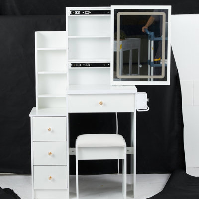 29.2" Small Size Left Bedside Cabinet Vanity Table + Cushioned Stool, 2 AC+2 USB Power Station, Hair Dryer Bracket, Extra Large Touch Control Sliding LED Mirror, Tri-Color Switching, Brightness Adjust