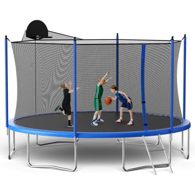 14FT Trampoline With Basketball Hoop & Safety Enclosure Net For Kids & Adults, Blue