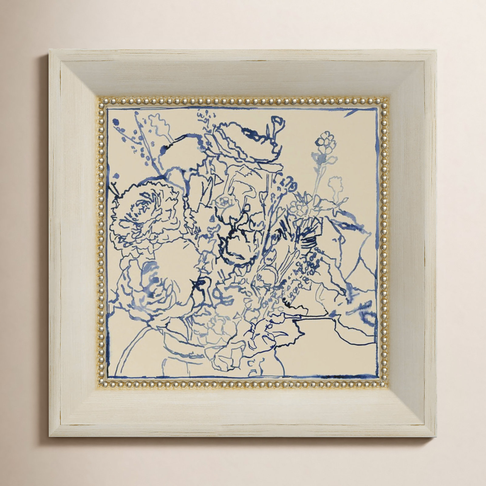 Indigo Floral Sketch by Megan Meagher, 16" W x 16" H, Cream