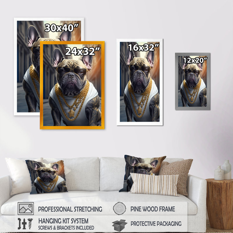 «Frenchie Gangster in NYC V», impression sur toile, Impression dorée sur toile encadrée, H 32 po x l 16 po x P 1 po