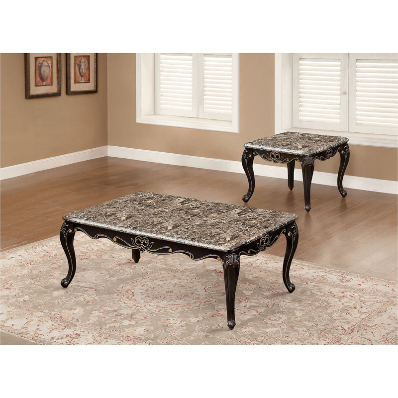 Ensemble transitionnel 2 pièces: table basse et table de bout en marbre avec finition courbée noyer foncé pour le salon principal