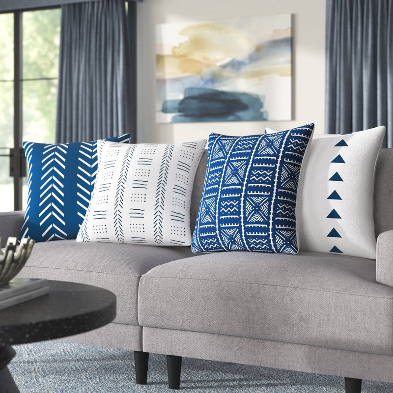 Housse de coussin d'extérieur carrée Lendsey, Blanc / bleu marine