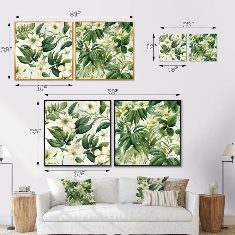 Corwen - Ensemble de 2 collages carrés floral et botanique, Cadre flottant doré, H 16 po x l 33 po
