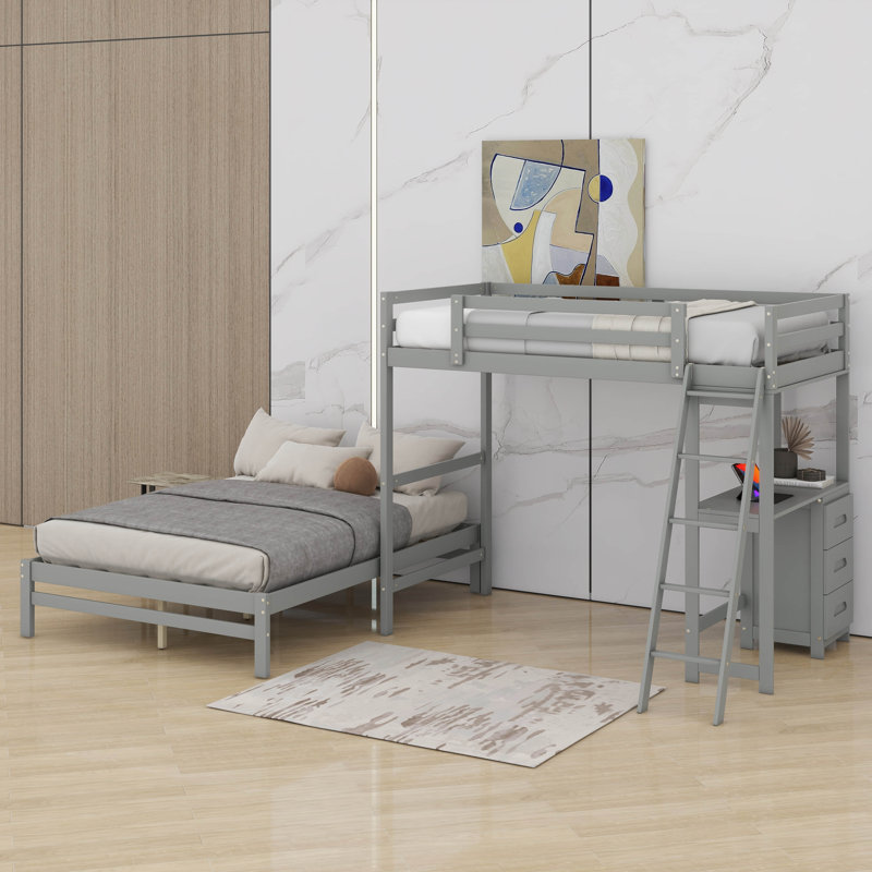 Lit simple superposé au dessus d'un lit double avec bureau intégré et tiroirs, gris