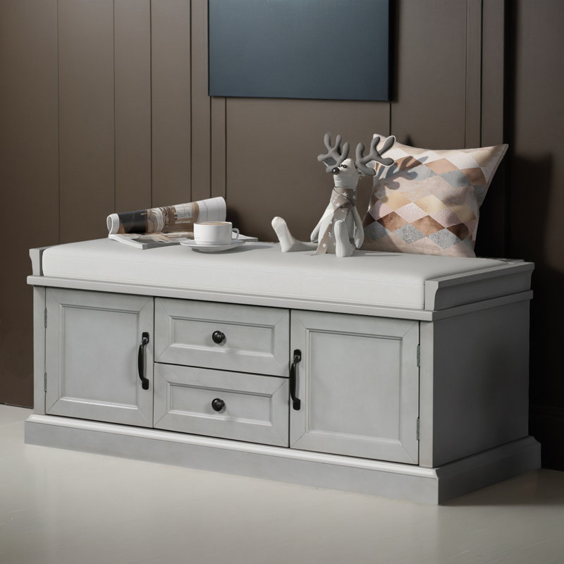 43" Shoe Storage Bench with Cushion, Entryway Storage with Hidden Storage, White, Gray Wash