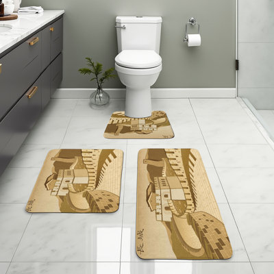 Landscape Bathroom Rug Set 3 Pieces U-Shape & Rectangle Mats Cream