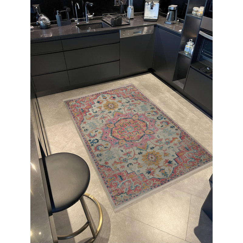 Tapis décoratif rétro à motif floral multicolore à motif floral rose, Tapis de couloir 2 pi 8 po x 9 pi 11 po