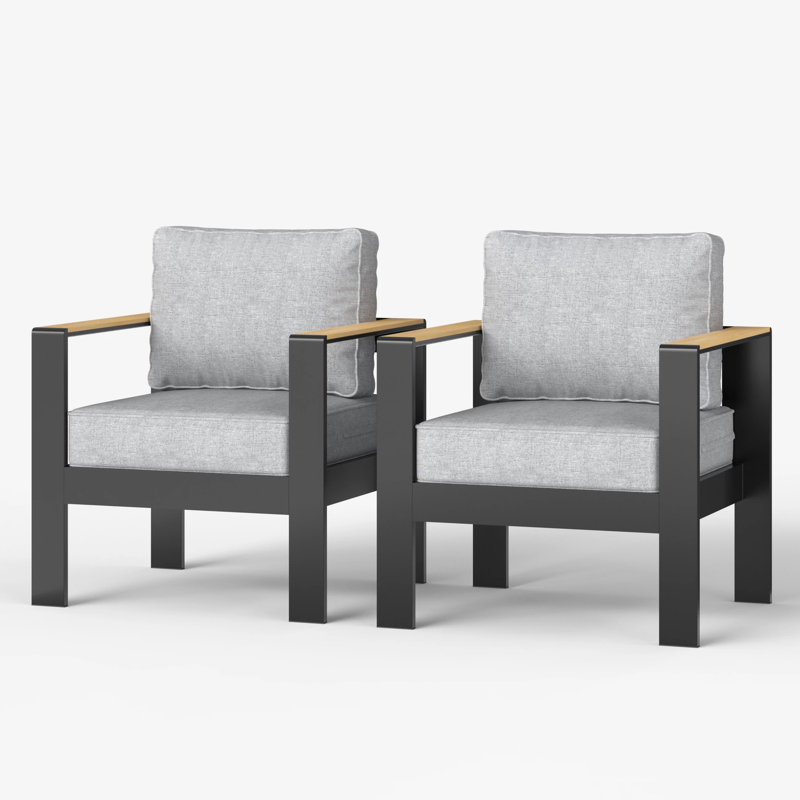 2 Piece Outdoor Armchair With Wood Plastic Armrest, Light Gray