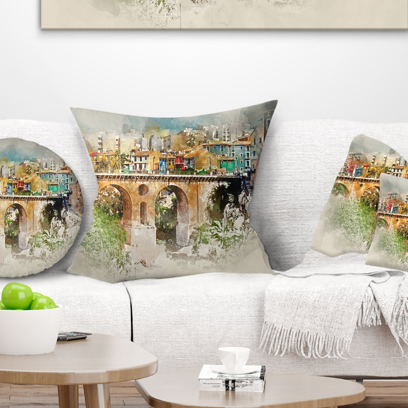 Oreiller cityscape villajoyosa city digital art bridge, 18 po x 18 po, Coussin décoratif