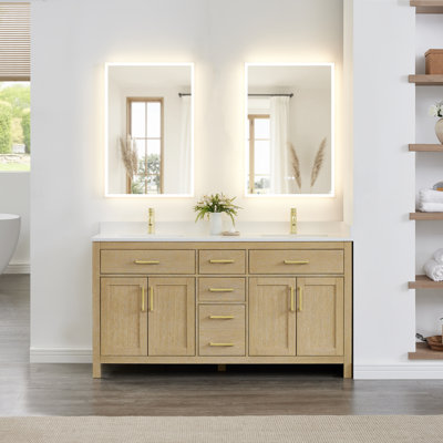 Meuble-lavabo double autoportant de 66 po avec plateau en marbre Beckett