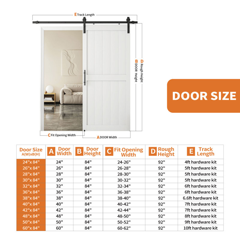Porte de grange coulissante en panneau de fibres à densité moyenne blanche 30 po x 84 po avec quincaillerie et poignée pour porte coulissante pré-percée, revêtement en PVC imperméable