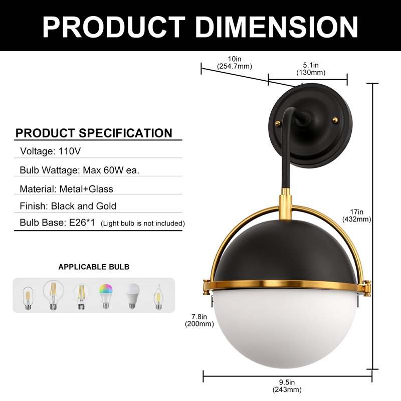 Applique murale 10 po 1 lumière noire et dorée avec abat-jour blanc Fix Luminaire moderne pour chambre à coucher, couloir