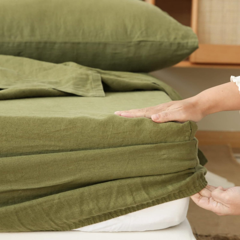Ensemble de draps 100% lin Simple & Opulence, Twin Sheet Set with 1 Pillowcase, Olive Green