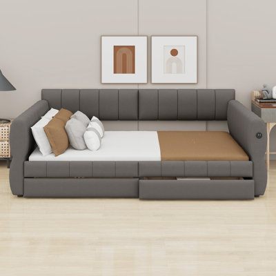 Upholstered Platform Bed With USB ,2 Drawers,Headboard And Armest
