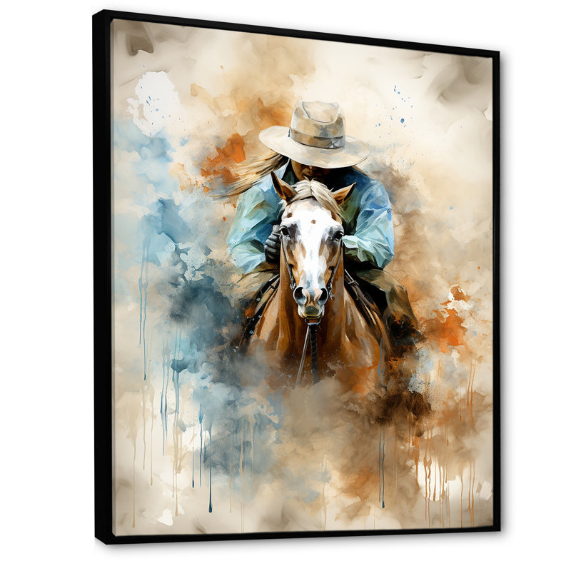 «Cowboys avec cheval» - art mural Cowboys, H 32 po x l 24 po x P 1 po, Cadre flottant noir