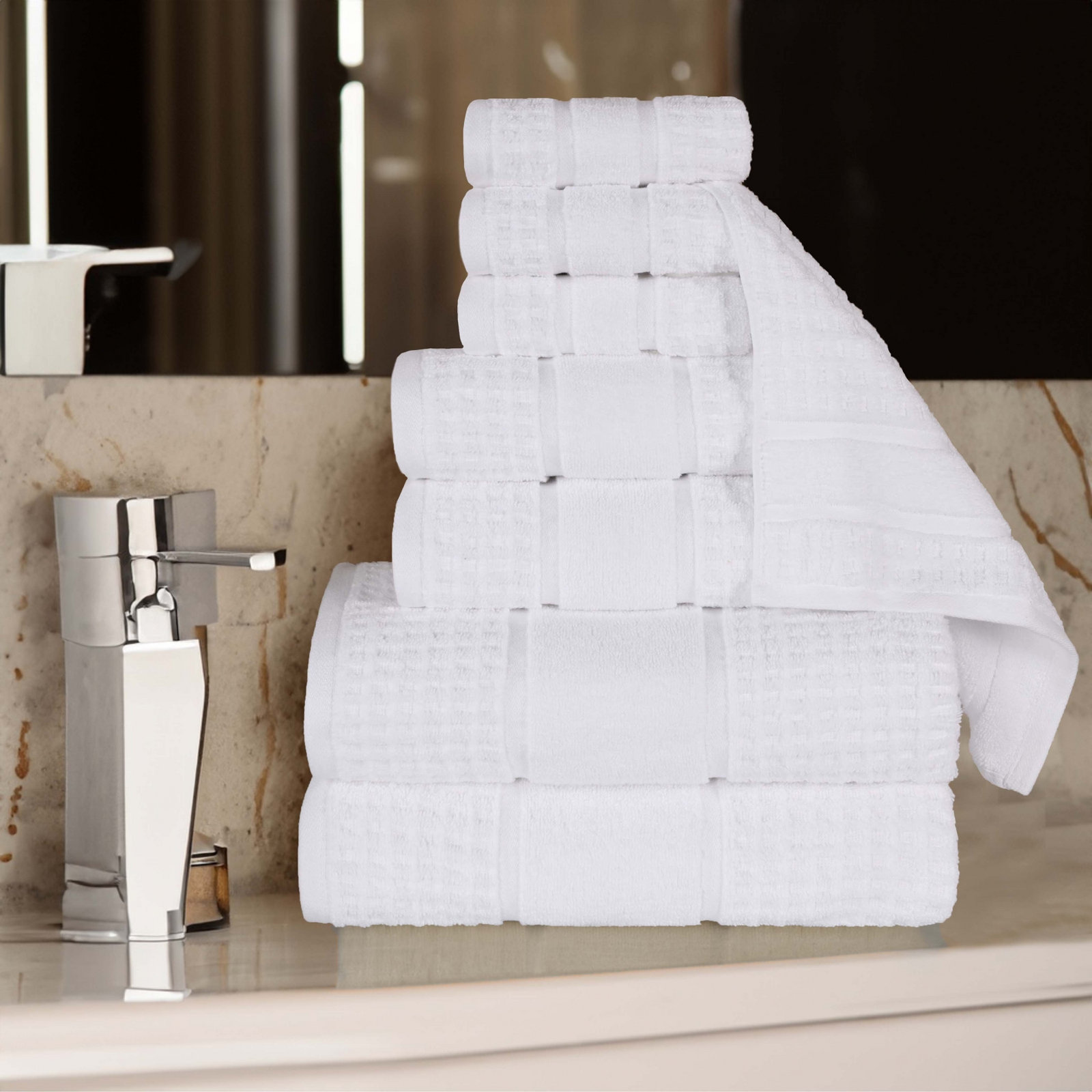 Hisela 3-Piece Waffle Cotton Towel Set, White, 8 Piece Towel Set