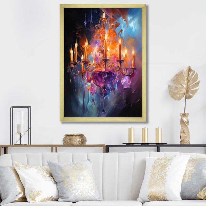 " Chandelier Dancing Light ", 44" H x 34" W x 1.5" D, Gold Picture Framed