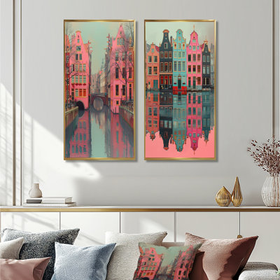 Amsterdam Pink Grey Canal Photo I - Amsterdam Wall Art 2 Pieces Set