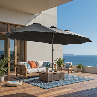Emanuell 14.5 Ft X 8.3 Ft Outdoor Double-Sided Rectangular Market Umbrella With Base