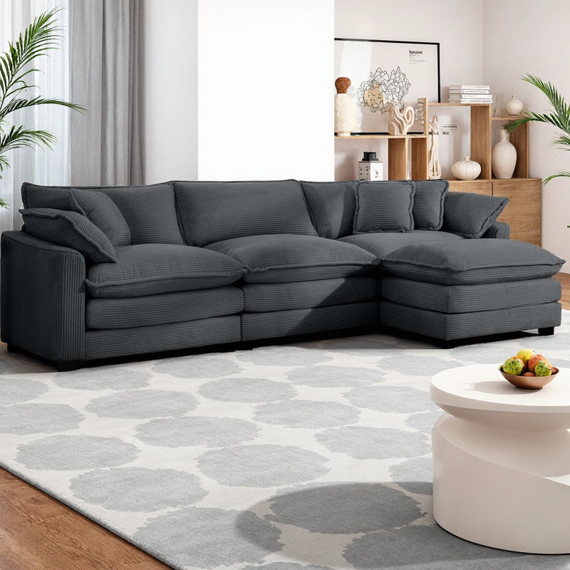 Canapé modulaire en L avec repose-pieds Corduroy, Gris