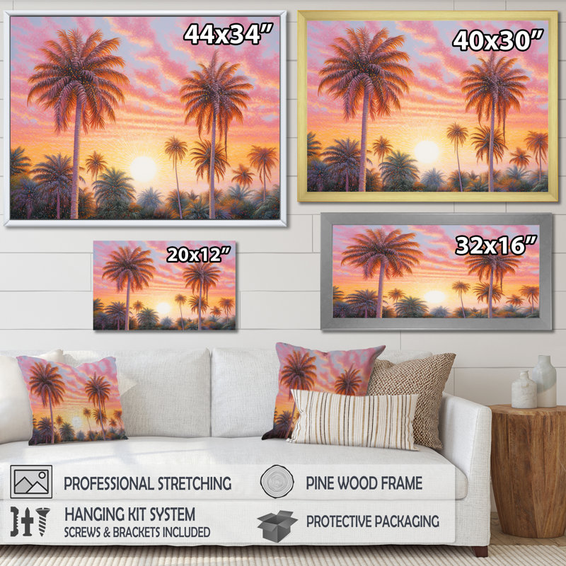 Rose radiance coucher de soleil palmiers V, H 16 po x l 32 po x P 1 po, Cadre flottant doré