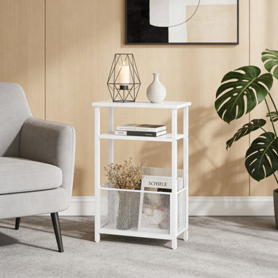 Slim Side Table With Storage Basket, 3-Tier Narrow End Table For Small Spaces, Skinny Sofa And Bedside Table With Open Shelves For Living Room And Bedroom