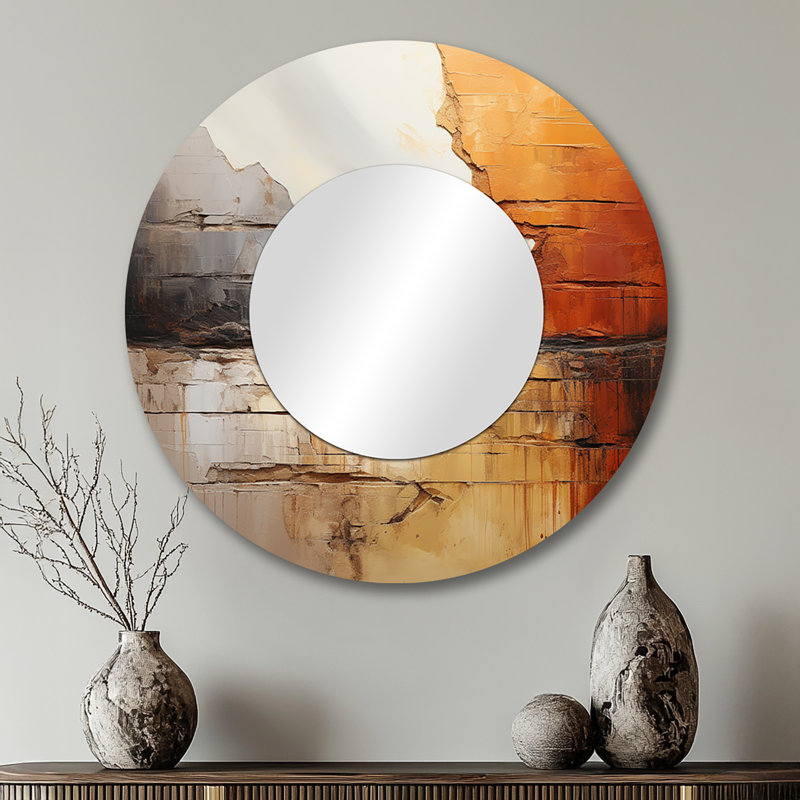 Grey Orange Grey And Orange Geological Wonders - Dams Large Wall Mirror, Gray Round Unique Mirror, Printed Metal Art