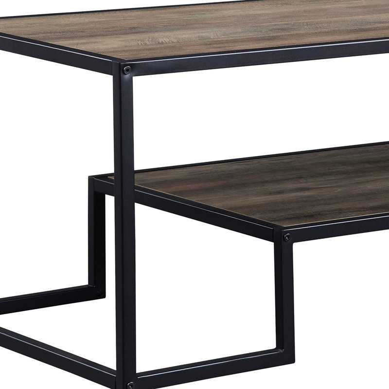 Table basse rectangulaire rustique en chêne et noir avec une étagère à un seul niveau, structure en métal, plateau de 15 mm d'épaisseur, chant en placage papier PU, idéale pour les styles de décoration d'angle. Étagère ouverte, parfaite pour présenter des objets et des agencements variés.