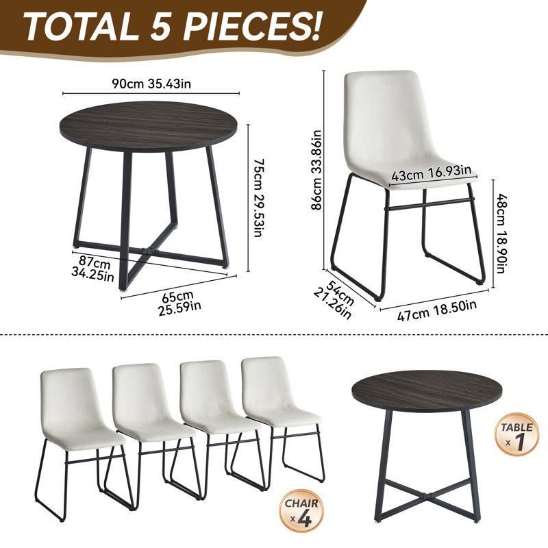 Ensemble de table de salle à manger moderne avec plateau en bois 35,4 po pour 4 chaises rembourrées en velours Modern