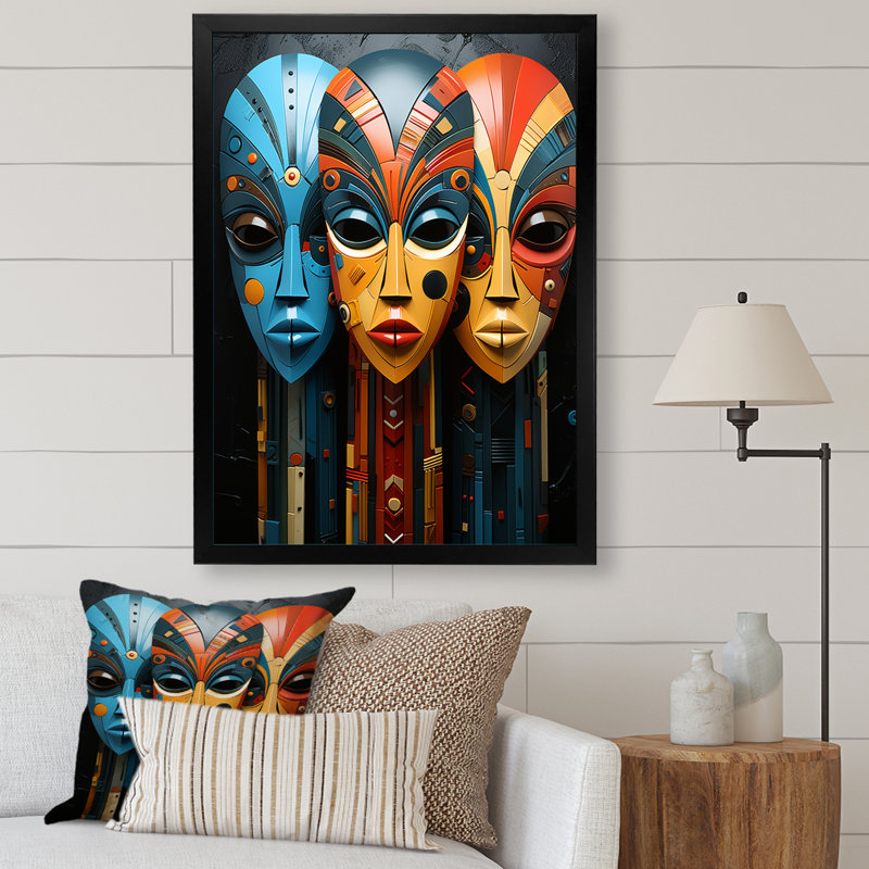Masques de tribus mystiques d'Afrique sur toile, Cadre simple noir, H 40 po x l 30 po x P 1,5 po