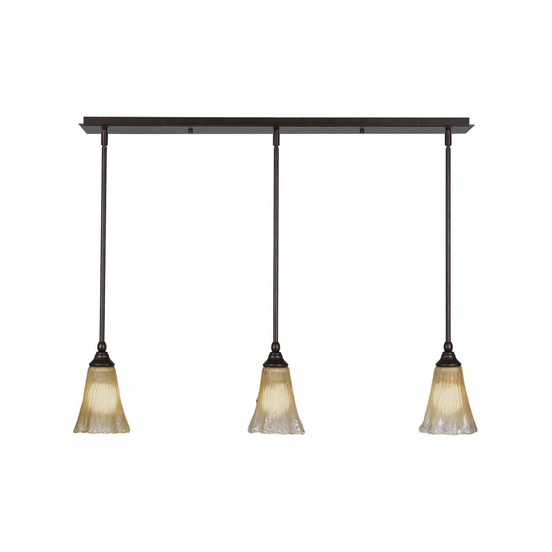 Luminaire suspendu linéaire sur pied 3 lumières avec verre en cristal cannelé de 5,5 po, Gelé, Bronze